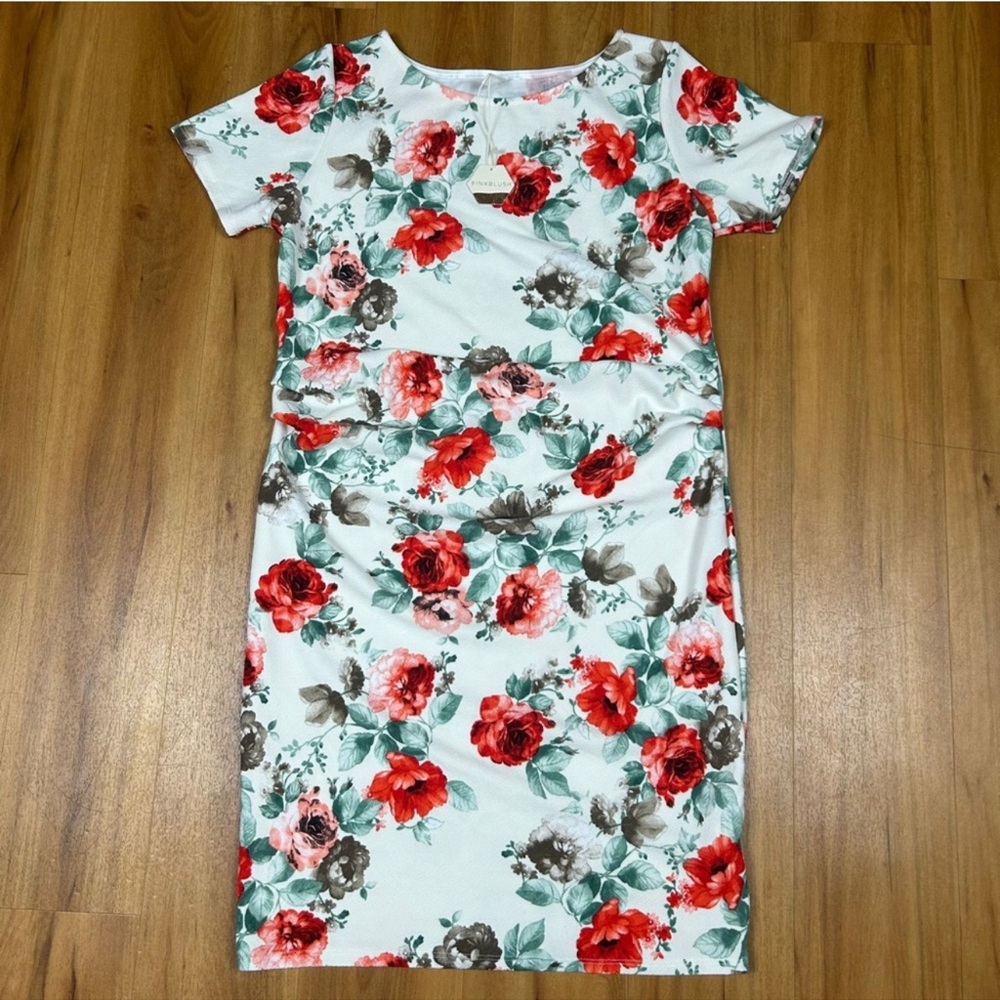 Pinkblush women’s Floral white and red Midi fitted maternity Dress size:XL/X